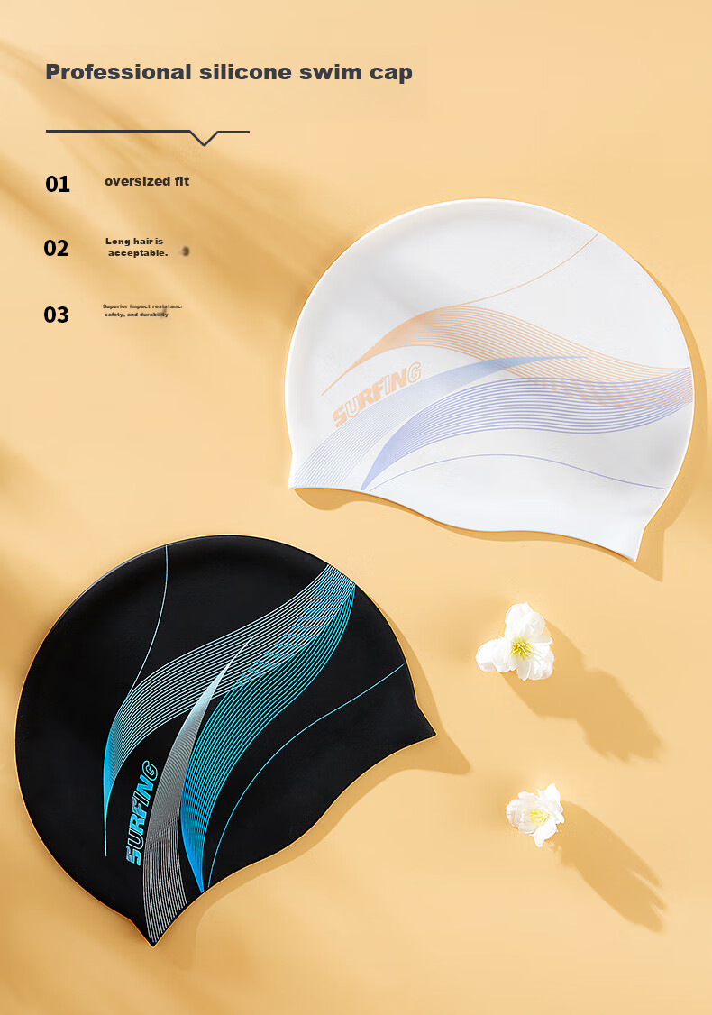 361° Adult Silicone Swim Cap for Men And Women, Waterproof Comfortable Non-Binding Large Head Circumference Swimming Printed Cap, Black 2