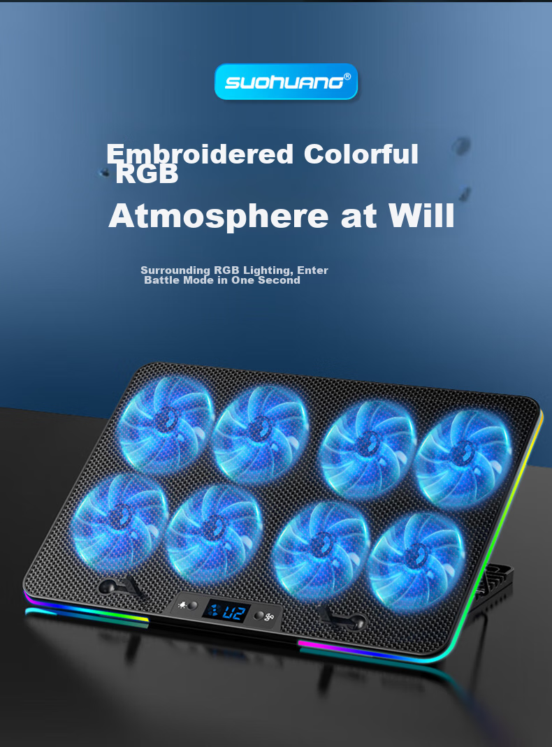 SUOHUANG SSRQ-N8RGB Laptop Cooling Pad Laptop Stand Gaming Cooling Base LCD Display Adjustable Speed Adjustable Height Surrounding Luyue 16 Plus 4