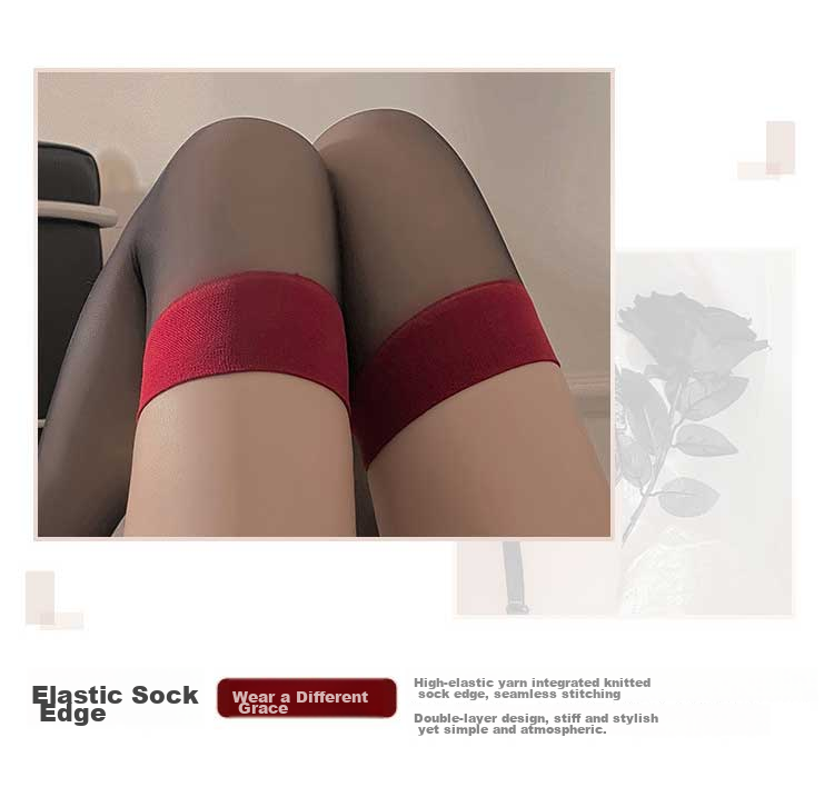 LangSha Silk Stockings for Women, Spring And Summer Ultra-Thin Sexy Over-Knee Stockings, Red Edge Black Silk Pure Seductive Style Thigh-High Patchwork Contrasting Color Thigh-High Socks 4