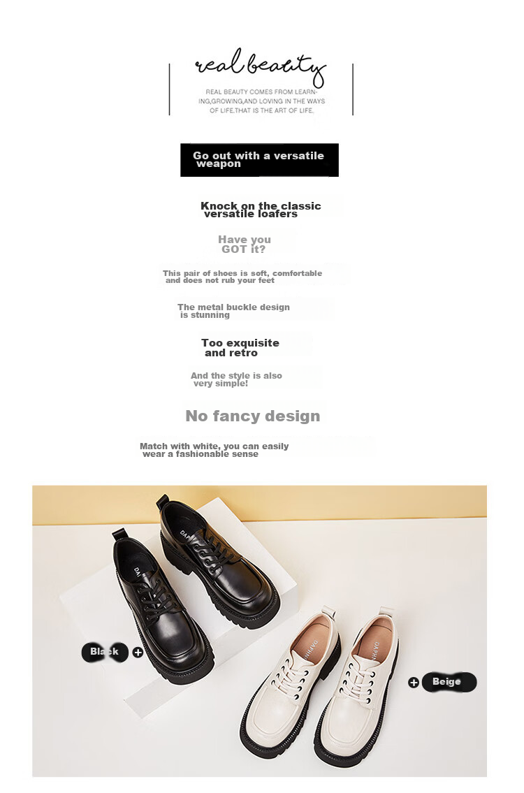 DAPHNE Women's Single Shoes, New Spring Style, British-Style Loafers, Thick-Soled Heightening Leather Shoes, Versatile Women's Footwear, Black, Size 35 2