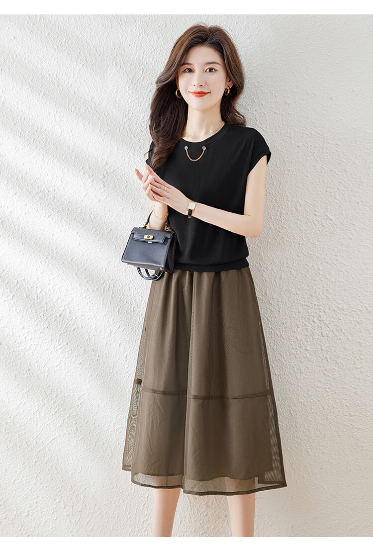 Cypress Casual Set 2026 Summer New Women's Short Sleeve Top with Patchwork Skirt Two-Piece Set 7