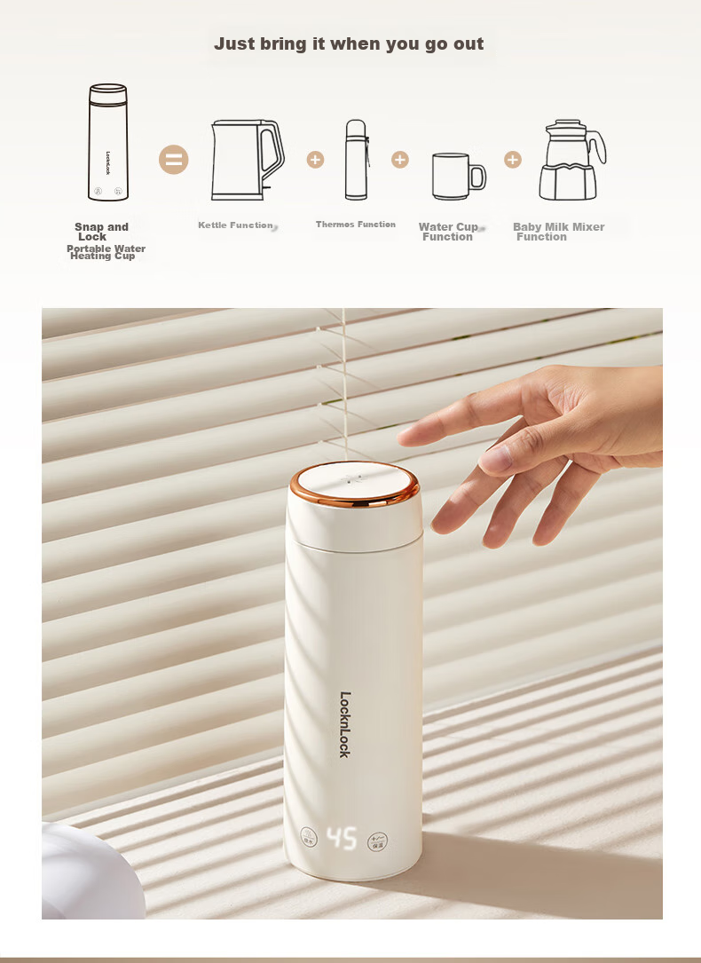 Locknlock Portable Electric Kettle, Outdoor Travel Electric Water Boiler, Electric Water Cup, Hot Water Cup, Business Trip Electric Kettle, Electric Heating Water Cup EJC3435WHT 2