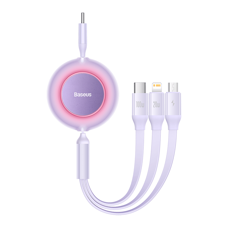 Baseus Type-C Data Cable, Three-In Retractable Cord, PD100W 5A Fast Charging, One-To Suitable for Apple 17/16/15/14, Xiaomi, Huawei Mate70 Phones, Tablets, Car Use, Purple