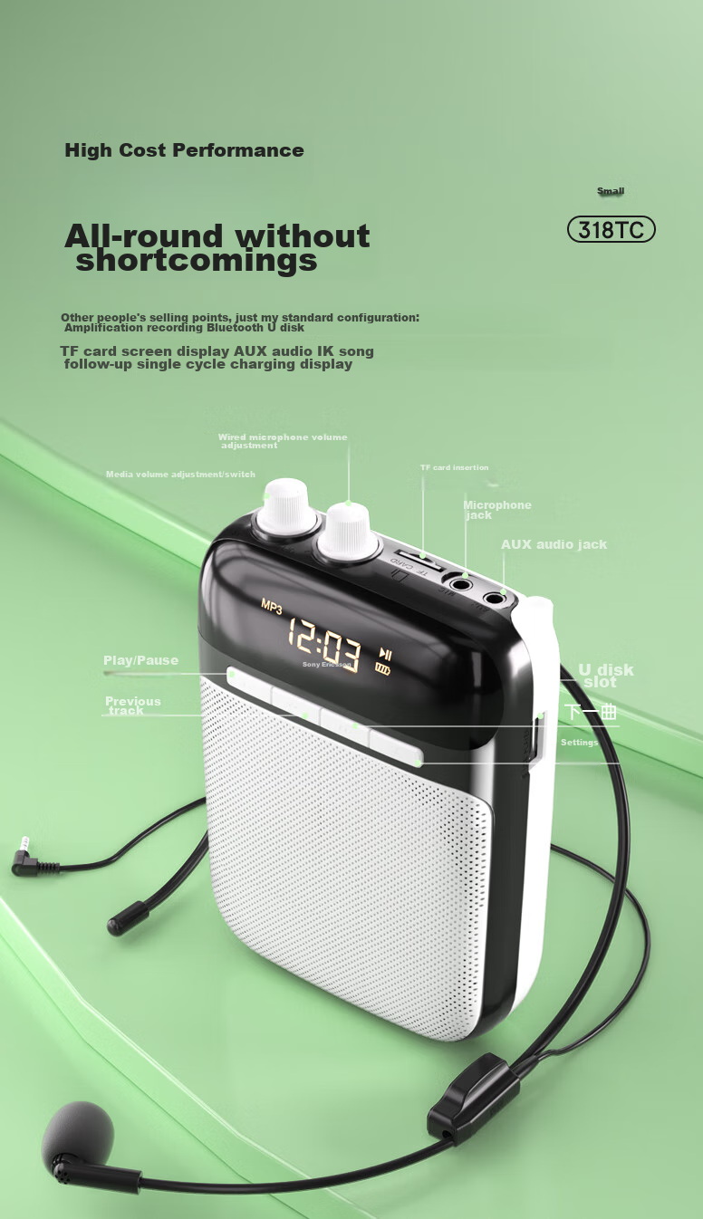Soaiy S318 Mini Amplifier for Teachers, USB Flash Drive TF Card Microphone Speaker Anti-Scream Tour Guide Bluetooth Speaker Teaching Gift TYPE-C Gold 12