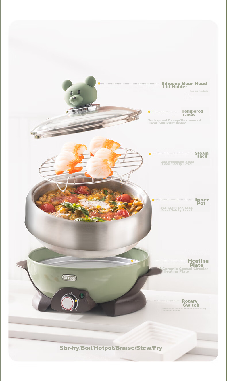 ERNTE Small Green Pot 2L Electric Hot Pot, Electric Cooking Pot, Electric Frying Pan, Multi-Functional Home Cooker for 2-3 People, EHP-22012S Olive Gree 3
