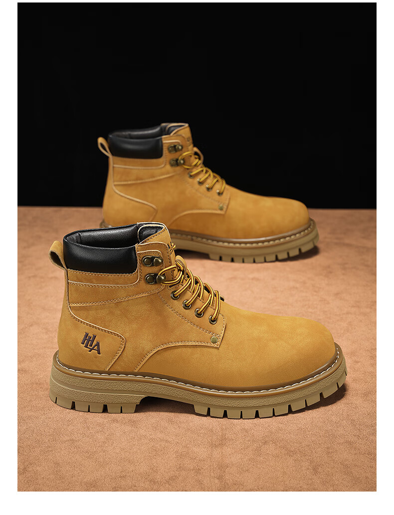 HLA Couple Boots, Yellow Boots for Men, Comfortable Thick-Soled Martin Boots, Men's Style T249, Earth Yellow Color, Size 42 3