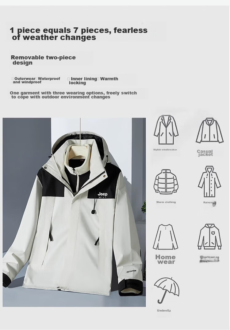 JEEP SPIRIT Men's Windbreaker Jacket for Spring, Autumn And Winter, Three-In Windproof Hooded Mountaineering Coat, Ivory White, Size M 9