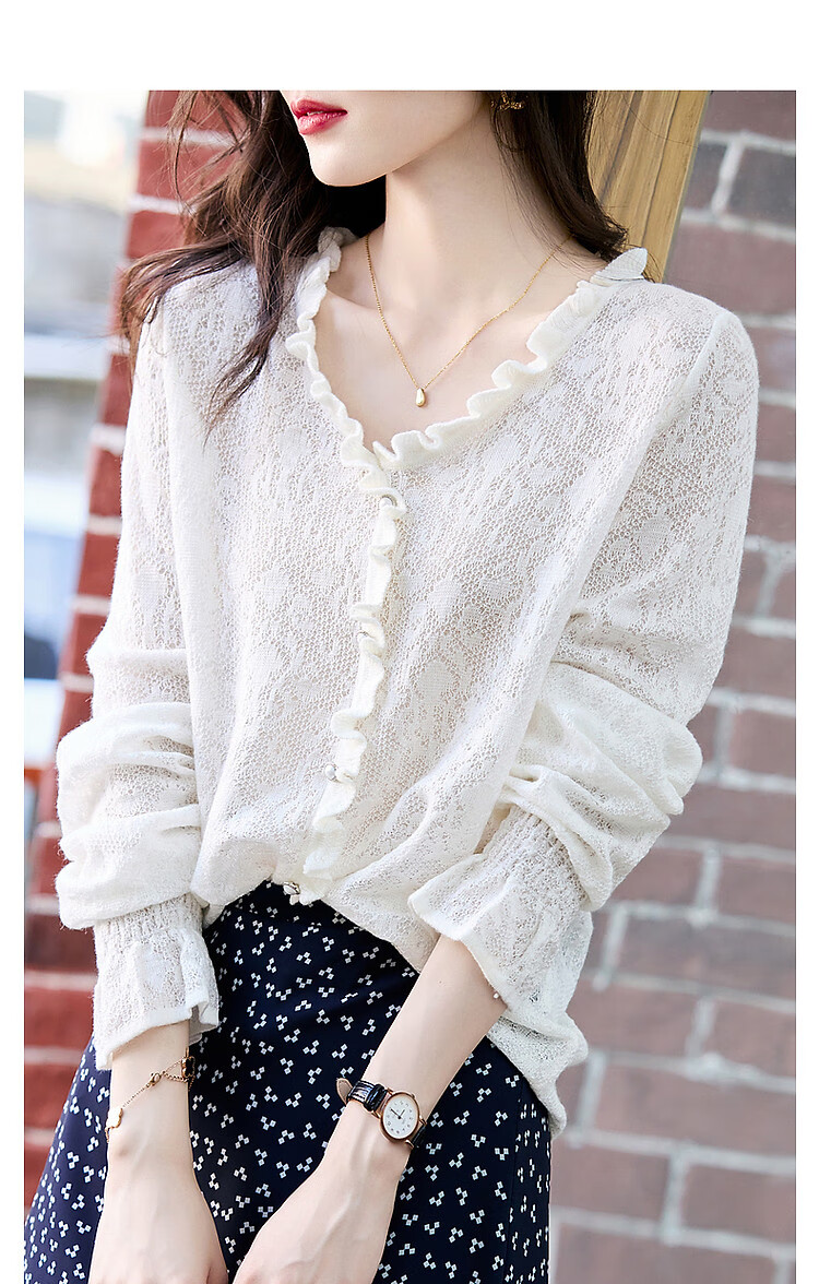 Dme [Containing Wool] Autumn V-Neck Ruffle Jacquard Pullover Sweater Women's Top 9