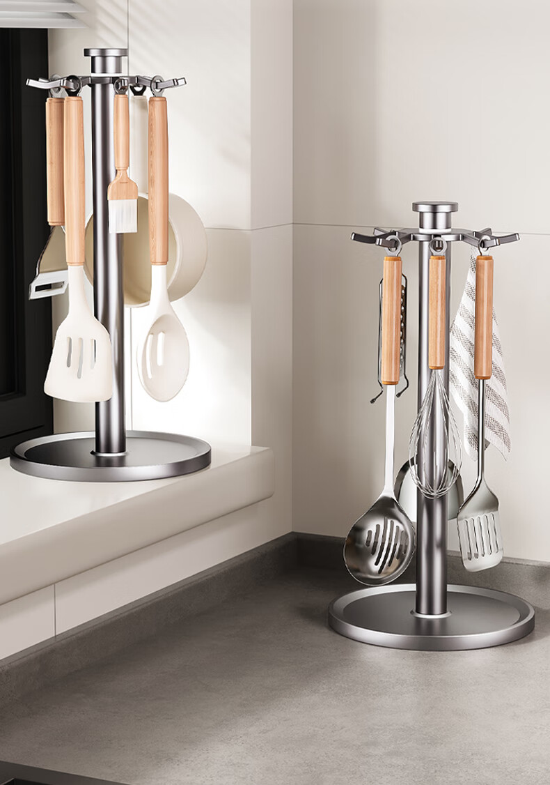 Meichu Kitchen Multifunctional Rotating Storage Rack with Pot and Spatula Hooks, Ladle Holder Organizer 19