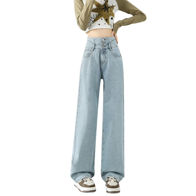 LangSha Women's Jeans, Spring And Summer Three-Button High-Waist Loose Wide-Leg Pants, Slimming Thin Vintage Straight-Leg Trousers for Wome