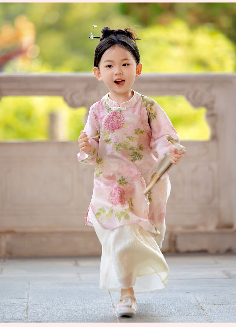 Menghu Ruoli Hanfu Girls' 2026 Spring New Chinese-Style Set, Vintage-Style Long-Sleeve National Style Parent-Child Outfit, Pink Floral Pattern, Size 150 13