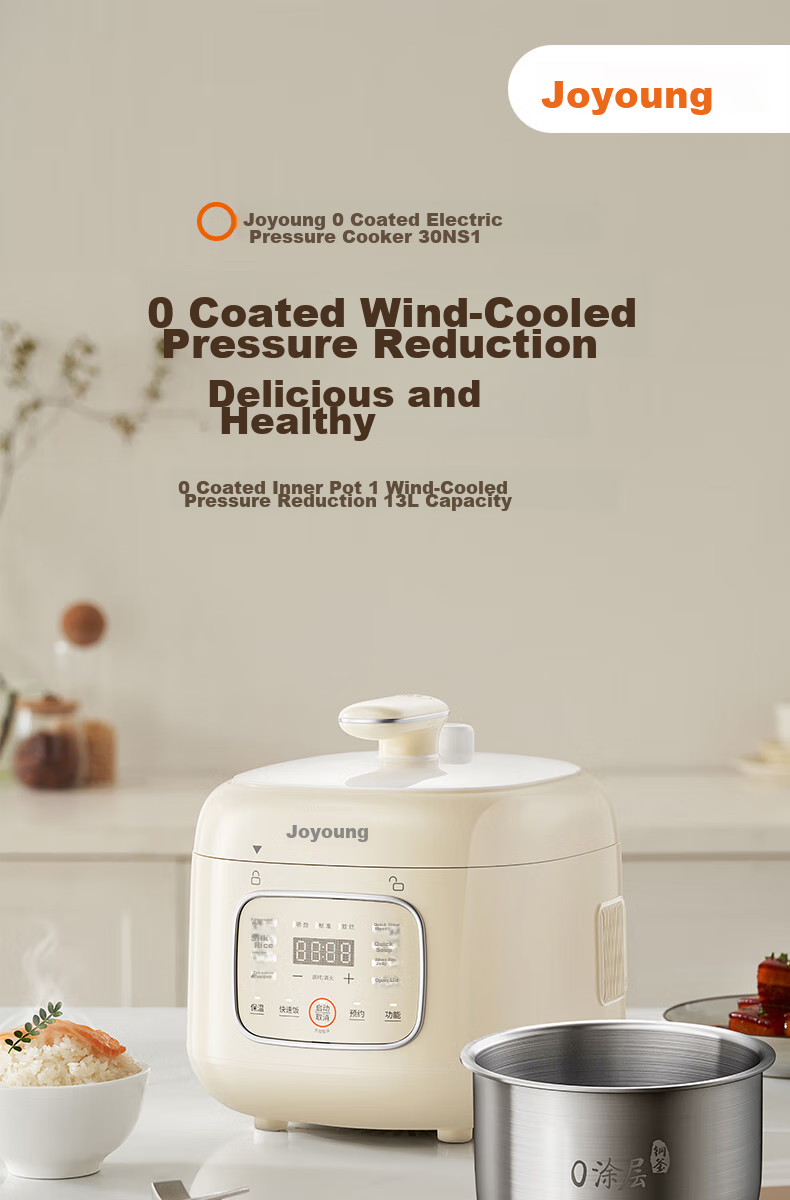Joyoung Electric Pressure Cooker, 3L Compact Capacity, One-Touch Release Valve, Multifunctional Menu, Crystal Non-Stick Coating, 30NPS1 1