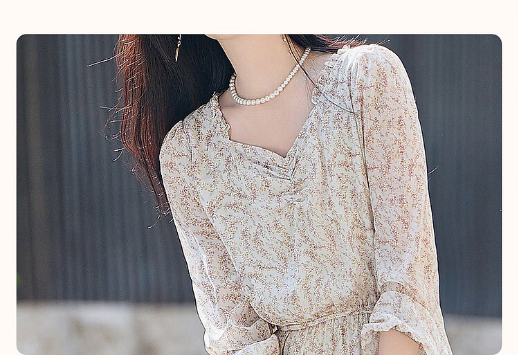 Dme [Fresh And Comfortable] Spring And Autumn Lightweight Chiffon Floral Print Women's Dress, Square Neckline, Ruffle Trim, Puff Sleeves, One-Piece Dress 4