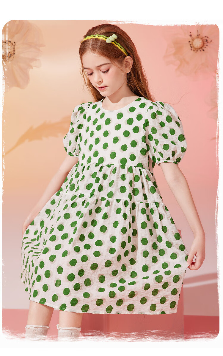ASK JUNIOR Girls' Dress, Summer 2024 Thin Style, for Older Children, Fashionable Polka Dot Print, Pure Cotton Princess Dress, Green, Size 160 1