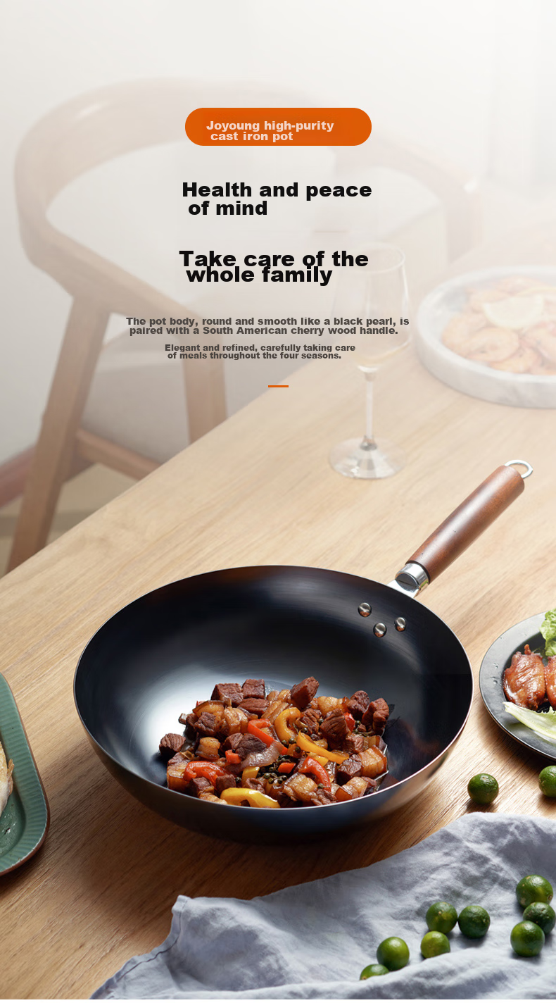Joyoung Wok Iron Pan, Healthy Non-Coated Pure Iron Pan, Rust-Resistant Cooking Pan, Suitable for Stove And Burner, 32cm 2