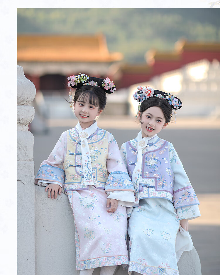 Qibo Girls' Cheongsam, Spring And Autumn Mid-Autumn Festival Children's Kindergarten New Hanfu, Blue-Purple + Neck Scarf, Size 130 28