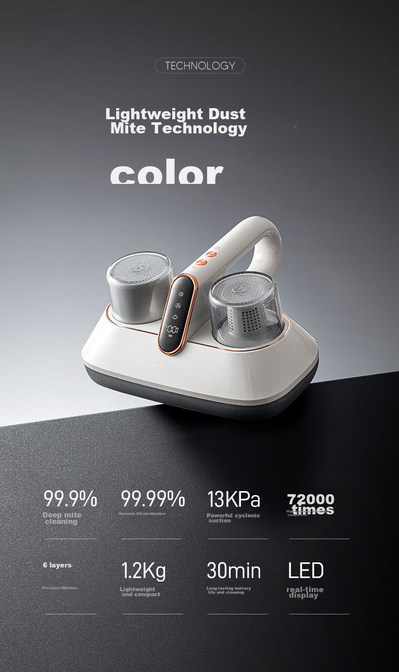 Morphyrichards Dust Mite Remover, Wireless Handheld Bed Mite Remover And Vacuum Cleaner for Home Use, Powerful Beating Dust Mite Removal Machine with UV Light for Bed And Room Disinfection MR3100 3
