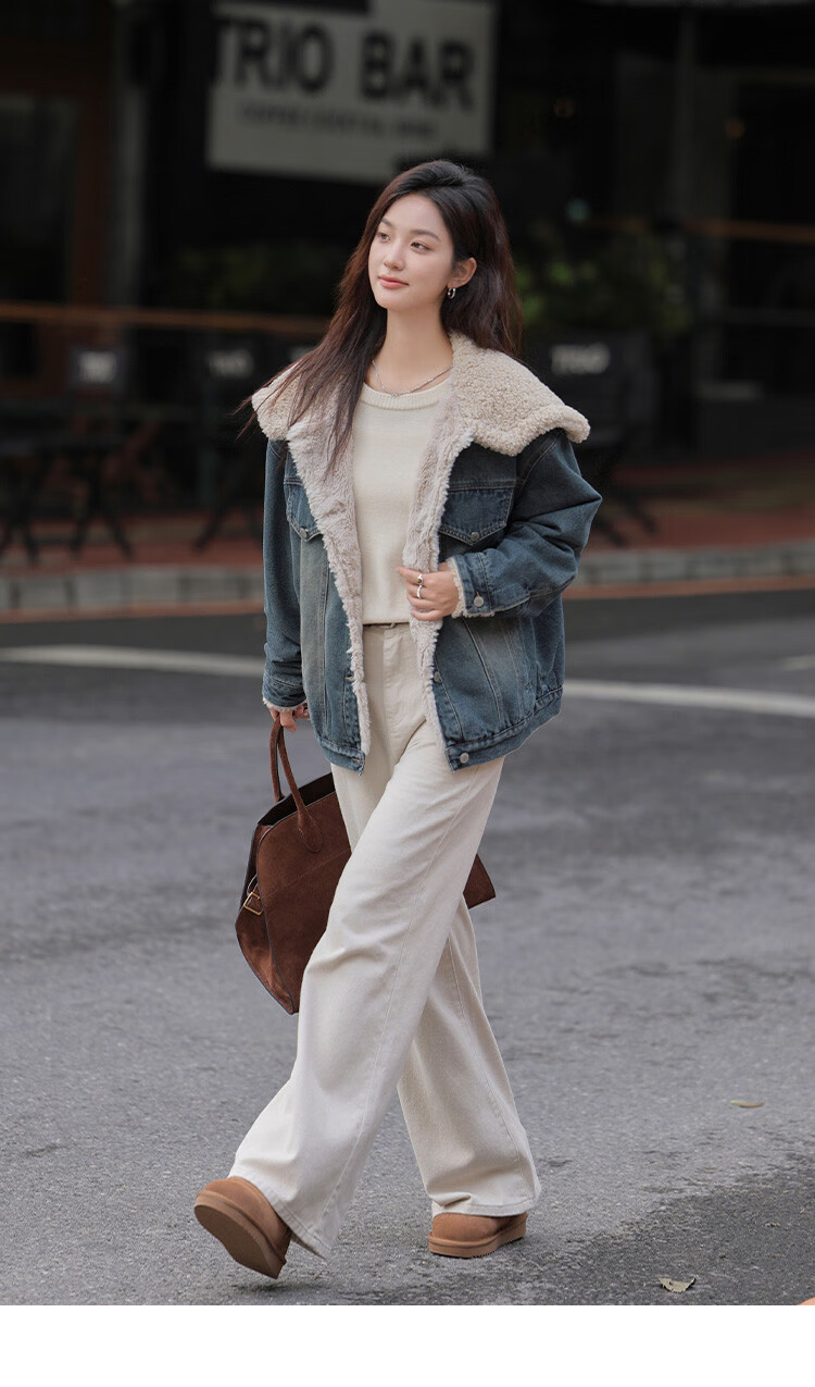 DME Fashion Vintage Large Lapel Winter Denim Composite Faux Lamb Wool Jacket for Women Dark Denim Blue S 8