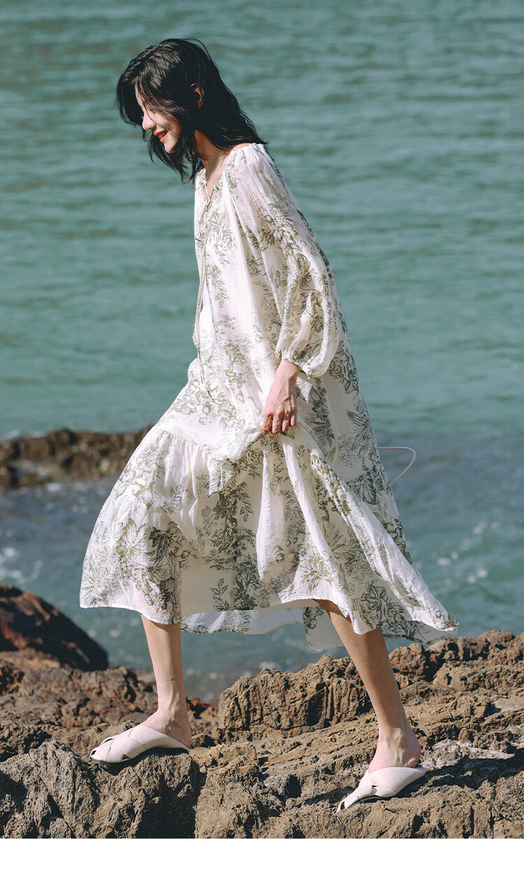 Dme Elegant Floral Print Long Dress, Artistic Ink Painting Design, Slimming One-Piece Dress, Floral Print, Size S 8
