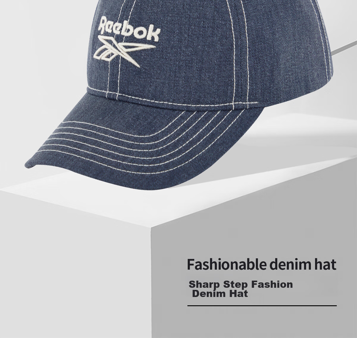 Reebok Retro Modern Denim Hat, Unisex Style, Structured Cut, Face-Slimming, Sun Protection, Adjustable Breathability, Blue 2
