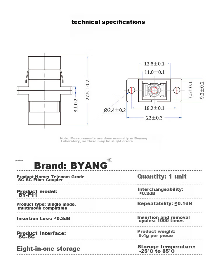 BOYANG BY-F11 Telecom-Grade SC Coupler, SC Interface, Fiber Optic Flange Adapter, Fiber Optic Extension Connector 7