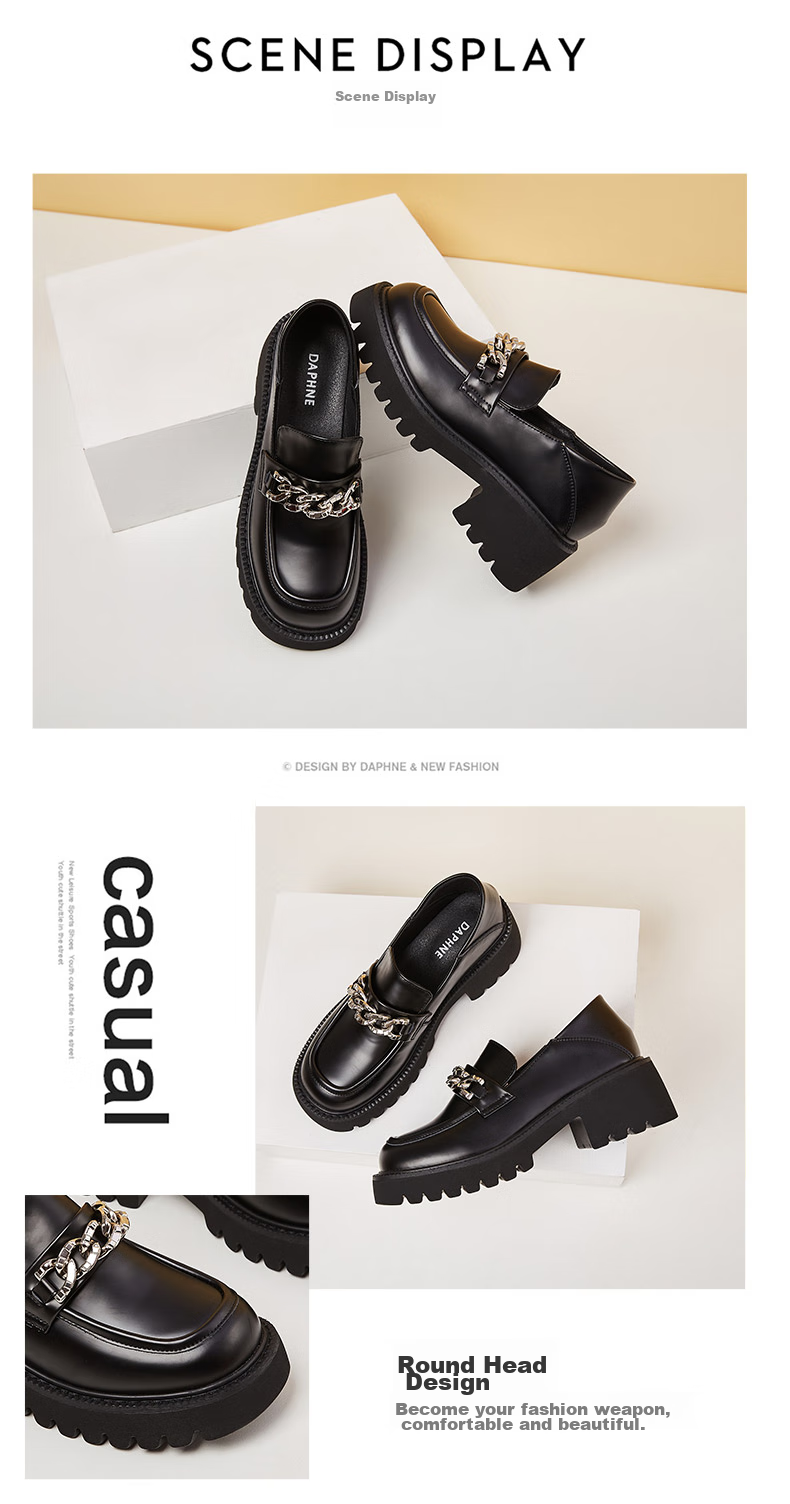 DAPHNE Women's Loafers, Spring British Style New Single Shoes, Thick-Soled Leather Shoes, Slip-On Women's Shoes, Black (Single Lining), Size 35 13