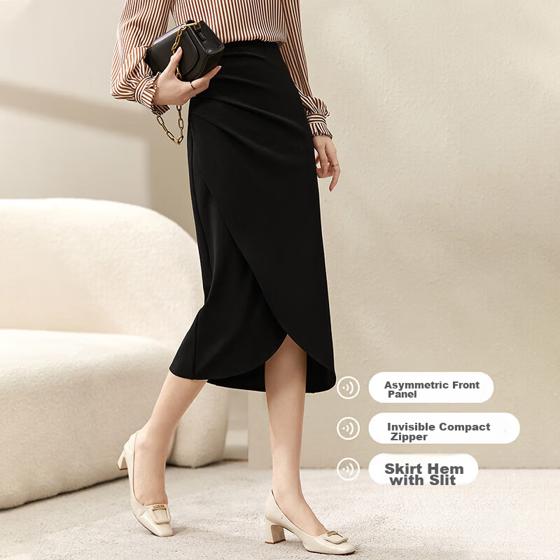 Sentubila Elegant Design Skirt for Women, Autumn Split Bodycon Skirt, Slimming Mid-Length Dress, Black, Size S