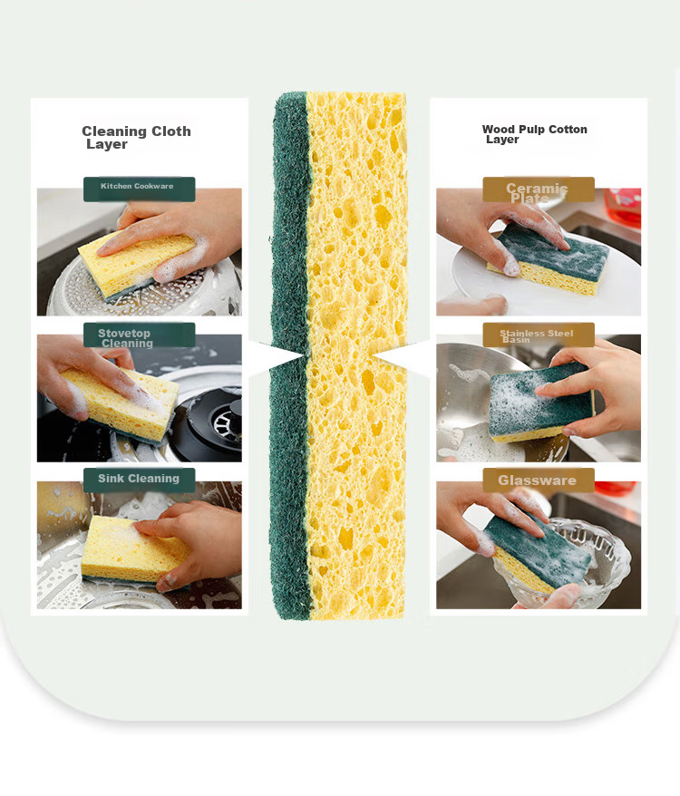 JUQI Wood Pulp Cotton Sponge Scrubber, 10*7CM*6 Pieces, Kitchen Dishwashing Sponge, Absorbent, Non-Stick, Powerful Cleaning, Scouring Pad 7
