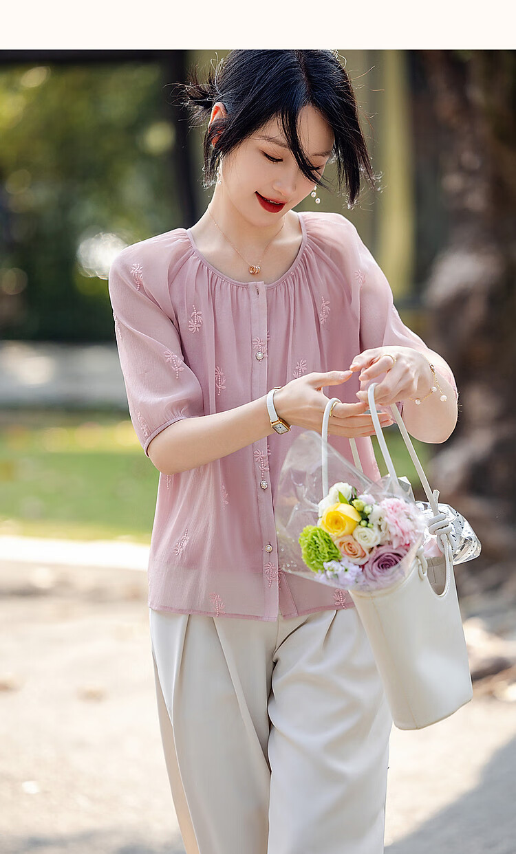 Dme Ice Cream Buttercream Shirt, Summer French Embroidered Blouse, Round Neck Comfortable Concealing Versatile Shirt for Women Top 10