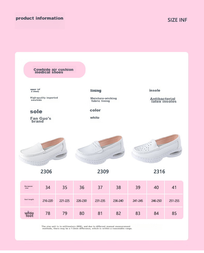 Feiying Nurse Shoes for Women, Genuine Leather, Breathable, Comfortable Soft Sole, Hollow Design, Easy on Feet, Medical Work Shoes, 2316 White, Size 34 9