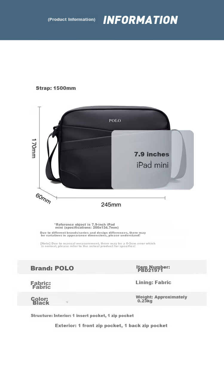 POLO Shoulder Bag, Men's Casual Crossbody Bag, Sports Satchel, Vertical Style IPad Bag for Men, Commuter Large Capacity Phone Bag 12