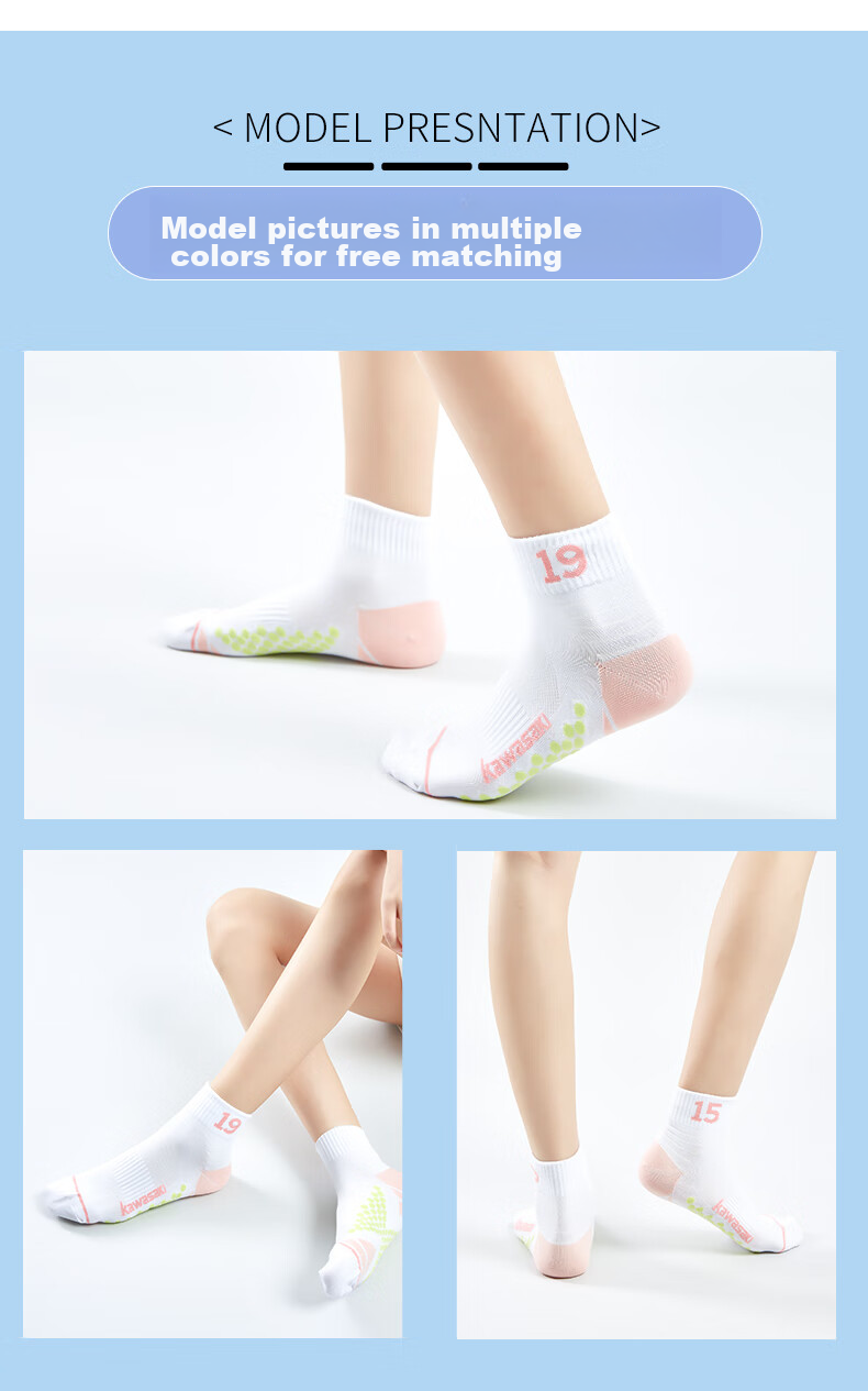 KAWASAKI Badminton Socks, Socks with Towel Bottom, Sports Short Socks 6208, Pink Blue (Three Pairs), One Size Fits All 14