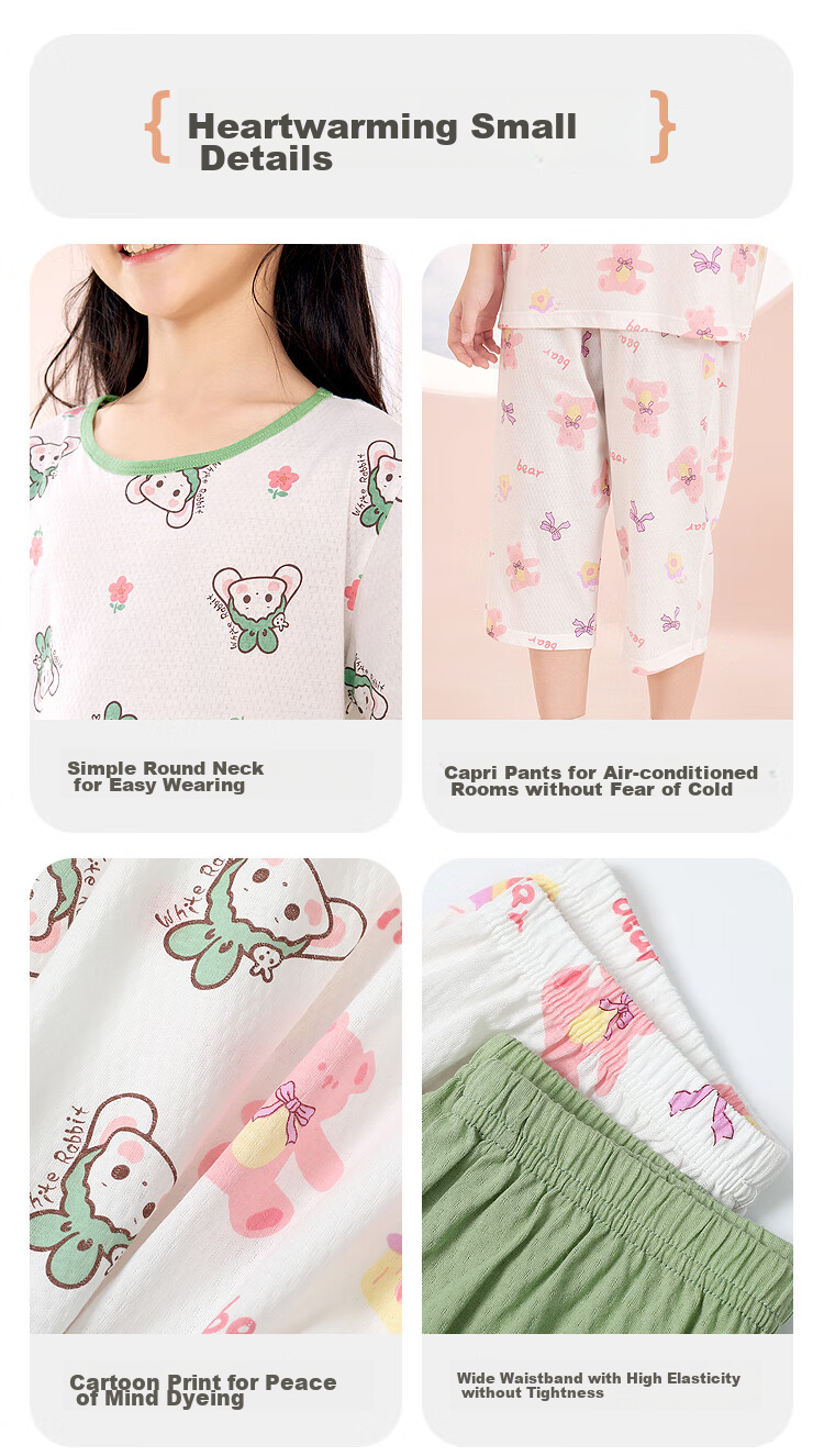 Hodohome Children's Pajamas for Girls, Summer Thin A-Class 40S Pure Cotton Home Wear Short-Sleeve Mesh Breathable Air Conditioning Suit 310 Two 160 8