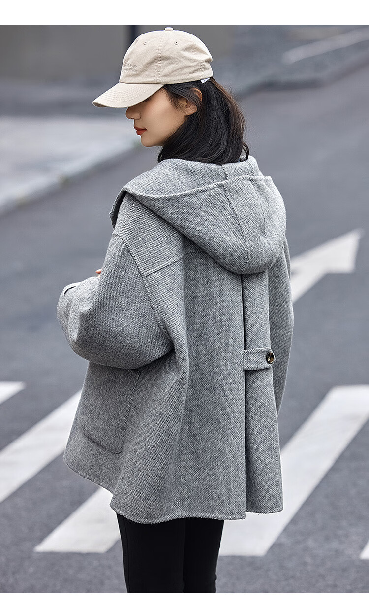 Demana Gray Series Hooded Woolen Coat Winter Loose Long Double-Sided Wool Coat Women Gray L 7