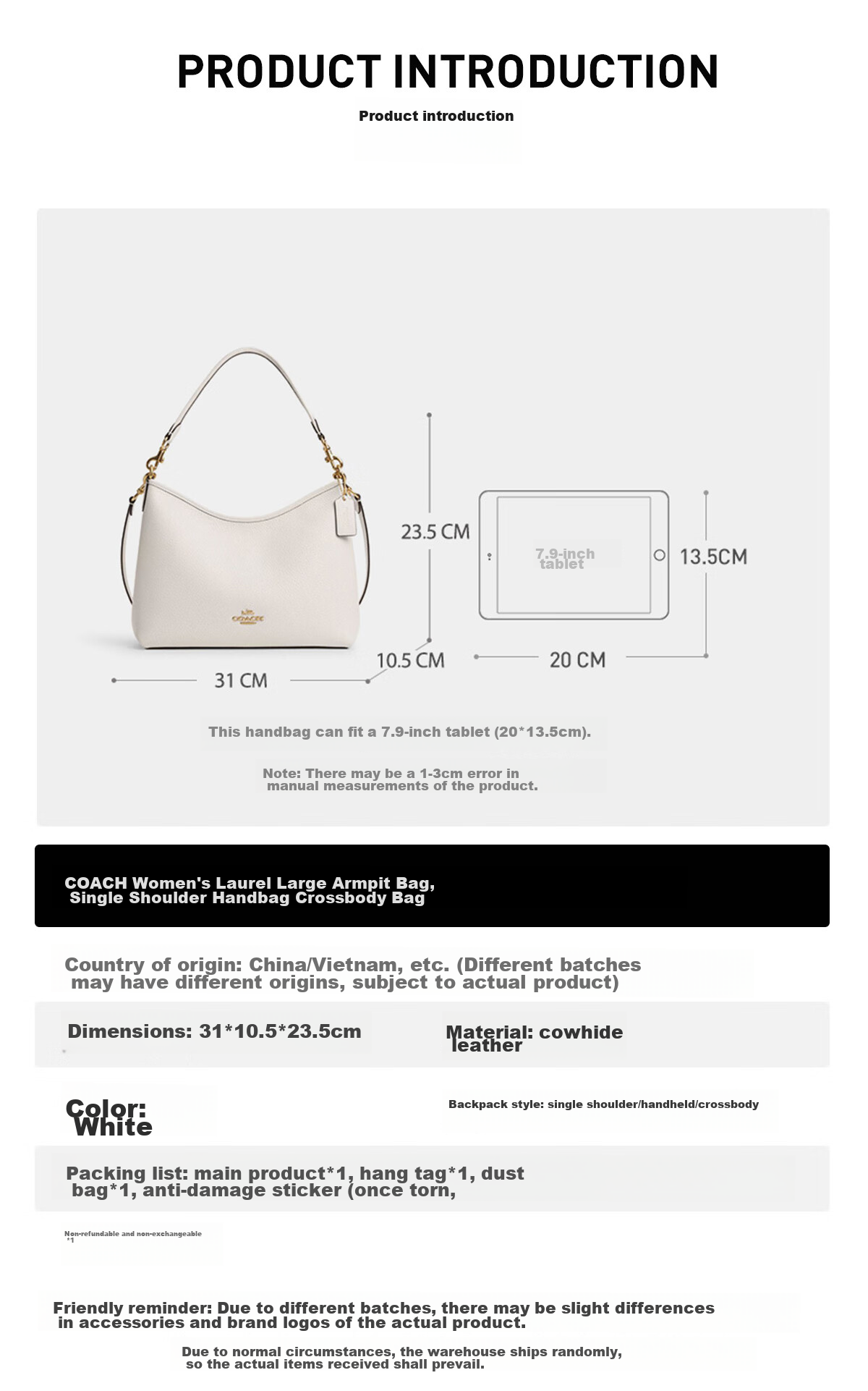 COACH [Brand Direct Supply], Women's LAUREL Handbag Shoulder Crossbody Tote Bag White CR148 Gift 1