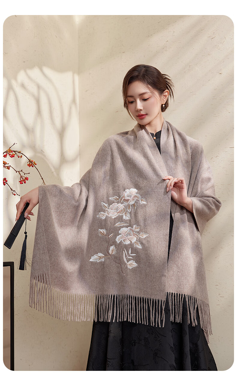 Hengyuanxiang 100% Wool Embroidered Shawl for Women, Chinese Style Scarf, Elegant And Warm Wrap, Gift for Mom, National Day Or Birthday Present 15