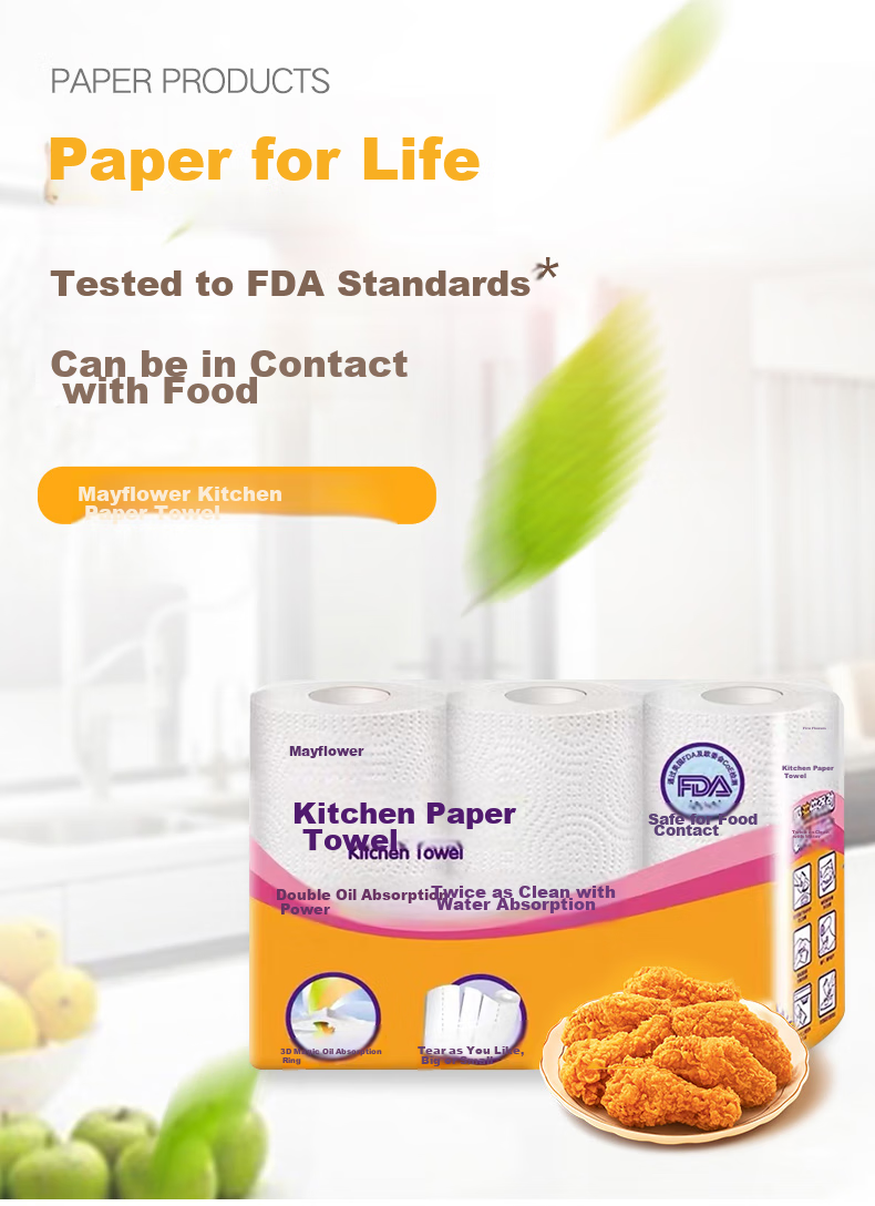 May Flower Kitchen Roll Paper, 3-Ply 120 Sheets*12 Rolls, Strong Oil-Absorbing, Food-Safe, Hand-Wiping, Bulk Pack 1