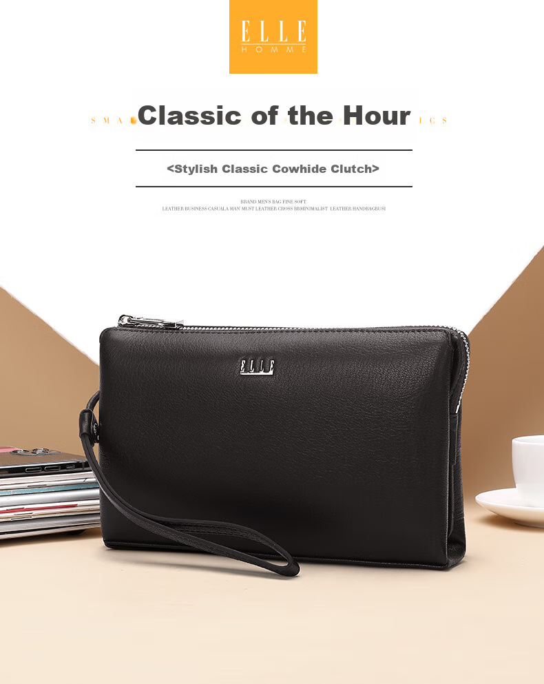 ELLE HOMME Men's Clutch, Top-Grain Leather Zipper Wallet, Large Capacity Handbag, Fashionable Men's Bag 05451 Dark Brown, Birthday Gift for Boyfriend 1