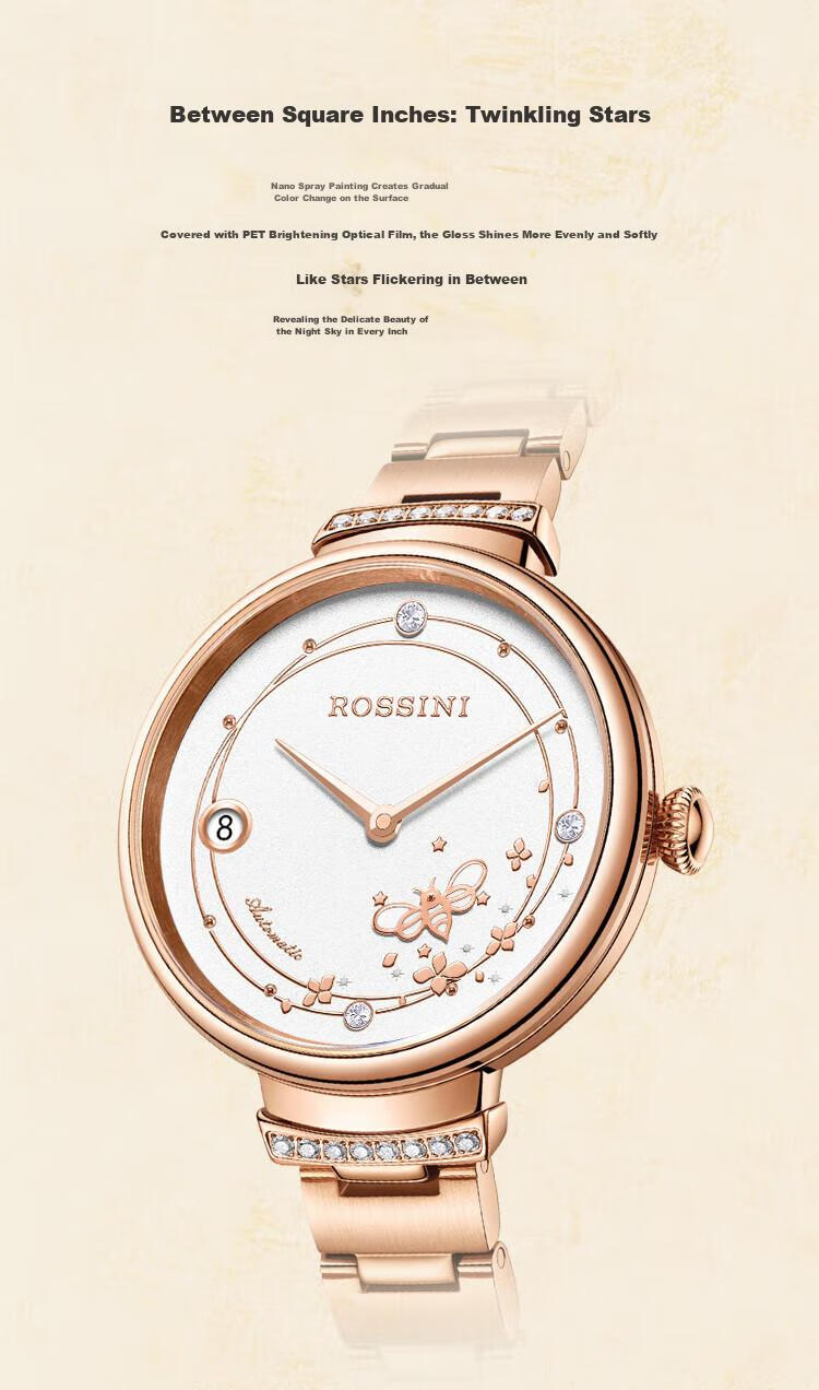 ROSSINI Women's Automatic Mechanical Watch with White Dial And Steel Strap, Birthday Gift for Girlfriend, Chinese Brand, Water-Resistant, Luminous 7