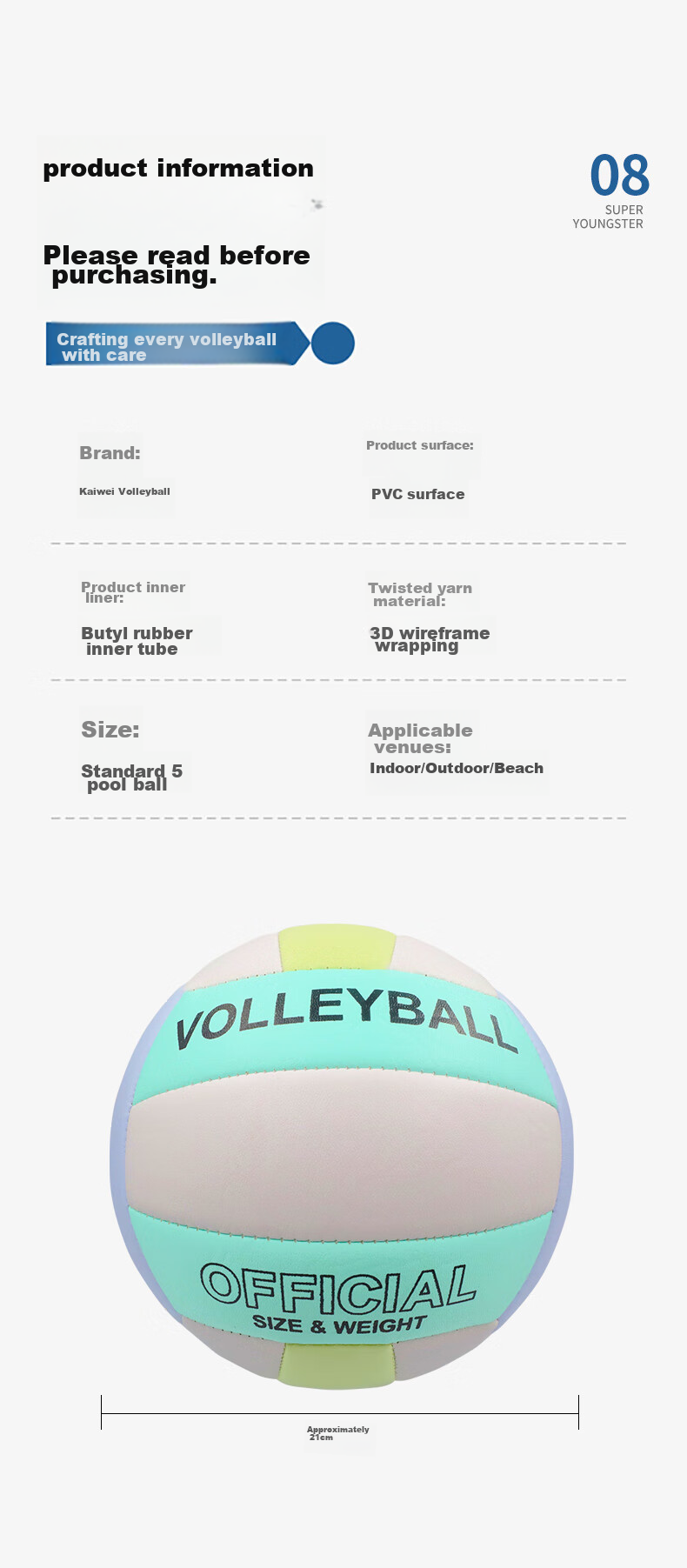 CAMEWIN Volleyball, Size 5, for Middle School Students, Machine-Stitched PVC Beach Volleyball, Thickened Macaron Color, Hard Volleyball for Competition Training, Size 5 Soft Volleyball 9