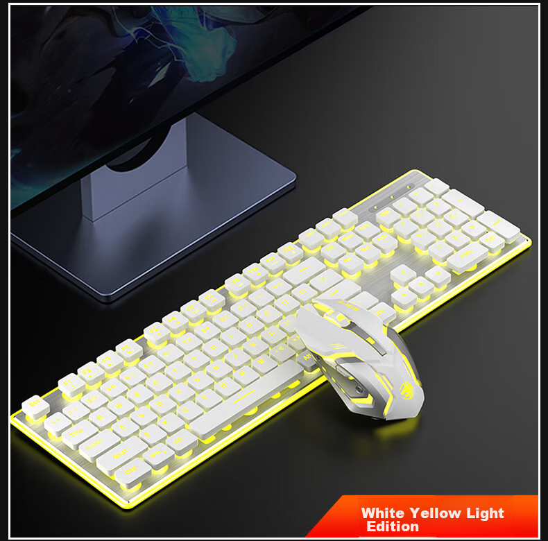 EWEADN X7S Wireless Keyboard And Mouse Combo, 108-Key Office Keyboard, Low-Profile Keyboard for Office, E-Sports Gaming, Universal for Desktop And Laptop Computers, Rechargeable Keyboard, White with Yellow Light 12