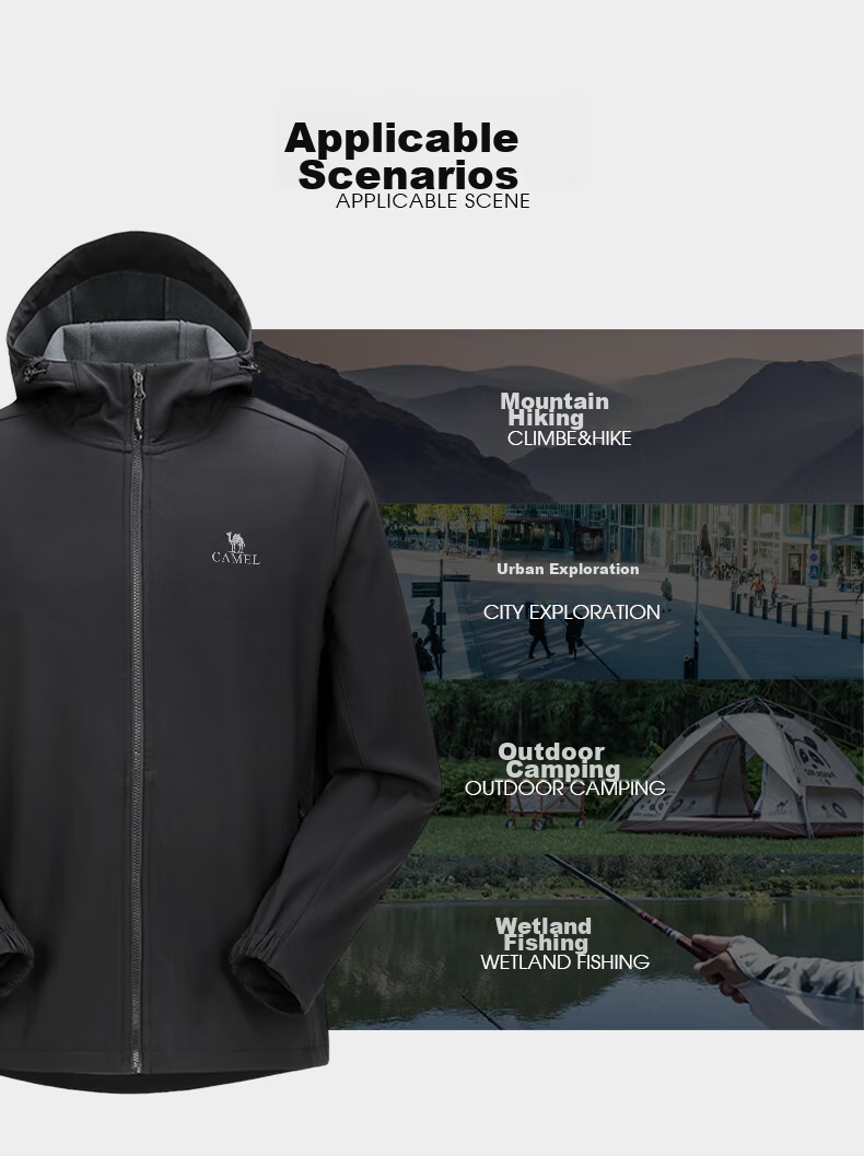 CAMEL Outdoor Soft Shell Jacket for Couples, Waterproof And Windproof, Fleece-Lined Hooded Coat, Trendy AA32263652A 12