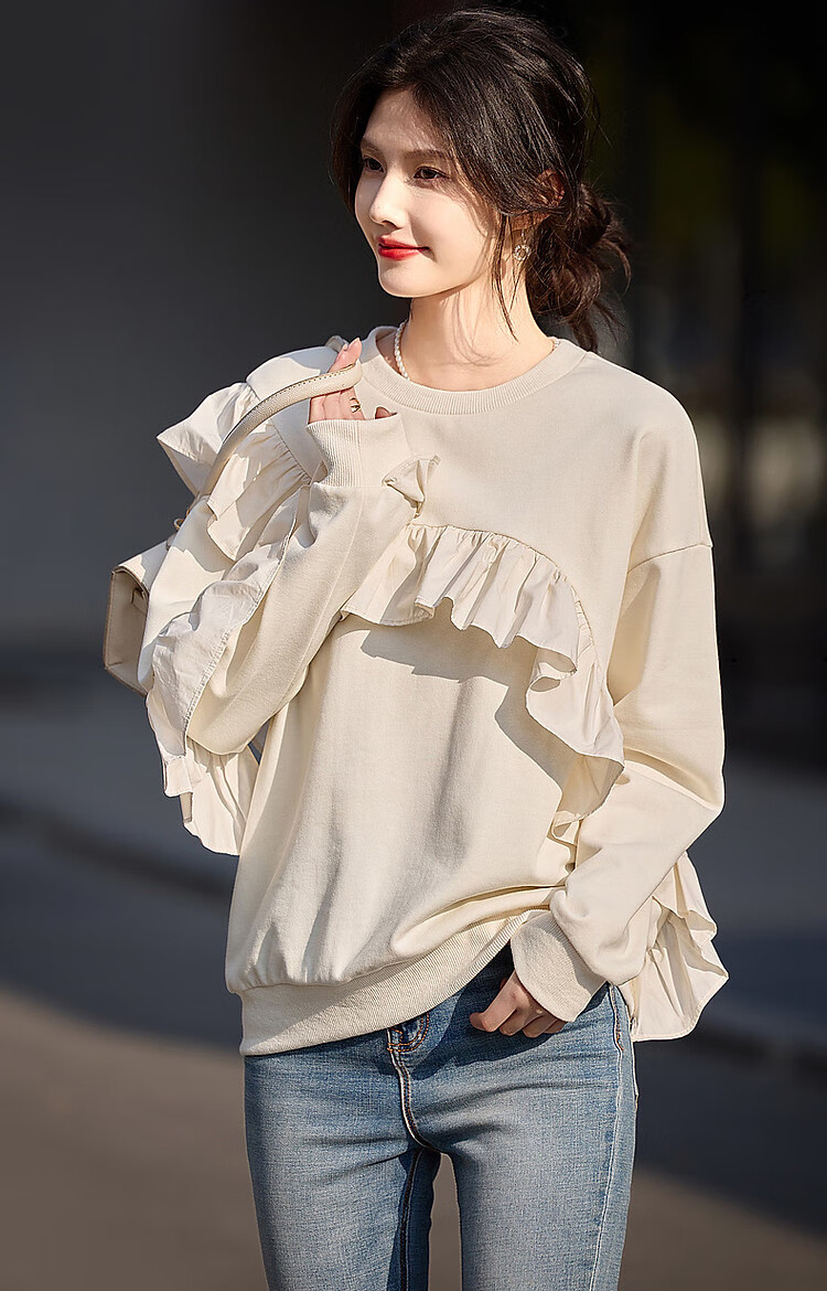 Dme [French Romantic Lace Trim] Spring And Autumn Round Neck Cotton Long Sleeve Slightly Stretchy Loose Elegant Sweatshirt Women's Top 9
