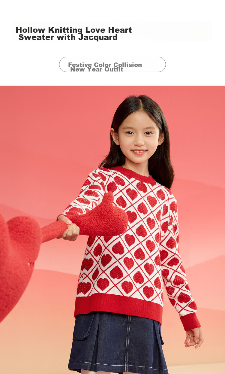 BALABALA Girls' Sweater, Children's Knitwear, Spring Clothing for Kids, Heart Pattern, for Older Children, Trendy Knitted Top, 208125103002 1