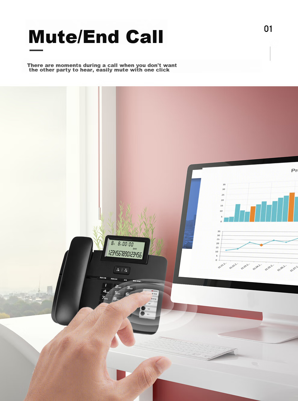 Yijiatong Office Telephone T66, Home Landline Phone, Stylish Business Office Caller ID, for Office/home/business Use, Black Dual Interface 7