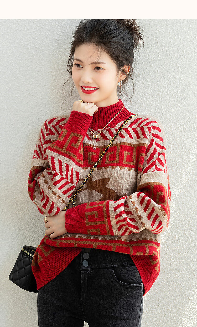 Dme [Vintage Filter] Autumn And Winter Rich Semi-Turtleneck Contrast Color Sweater, Flattering for Petite Women, Versatile Knitted Top 12