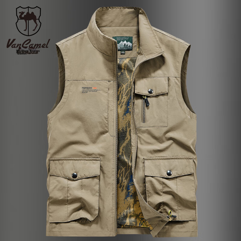 VANCAMEL Men's Vest, Outdoor Casual Multi-Pocket Sleeveless Waistcoat, Quick-Dry Loose Workwear Jacket, Khaki, XL