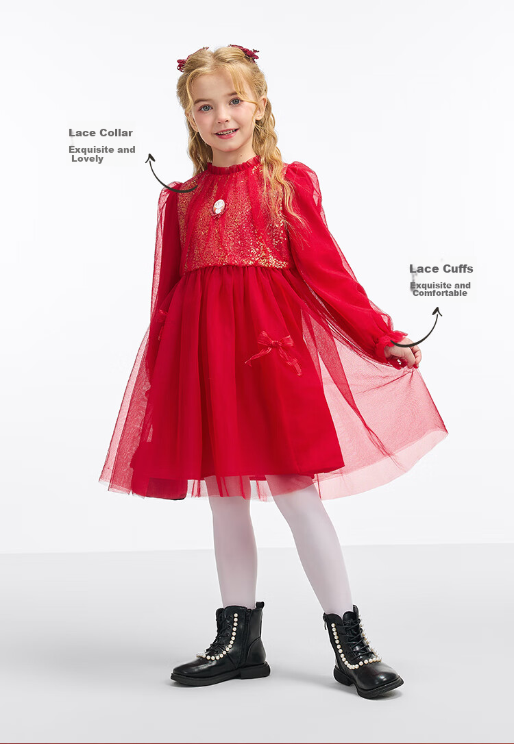 DISNEY Girls' Traditional Style Long Sleeve Dress New Year Princess Dress 25 Spring Autumn DB411RE02 Red Size 110 10