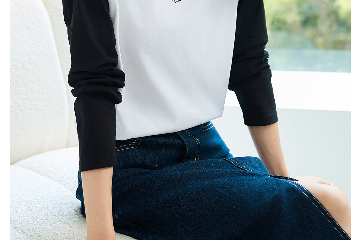 Chushen Spring And Autumn Long-Sleeve T-Shirt for Women, Wilderness Maillard Round Neck Contrasting Color Splicing Simple Loose Base Shirt S143T2022 28