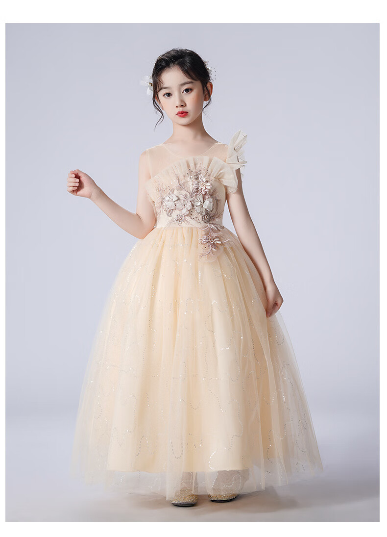 LUOBOBEIBEI Girls' Dress Princess Flower Girl Wedding Dress Piano New Year Dress Yellow Dress Size 130 14